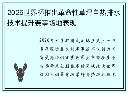 2026世界杯推出革命性草坪自热排水技术提升赛事场地表现 2026世界杯推出革命性草坪自热排水技术提升赛事场地表现
